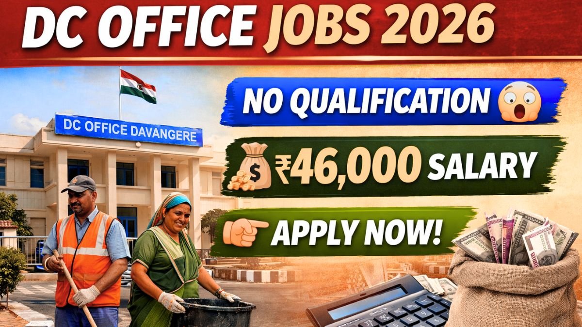 DC Office Davangere Recruitment 2026 featured image showing pourakarmika workers, Davangere DC office building, no qualification job and ₹46000 salary apply now banner
