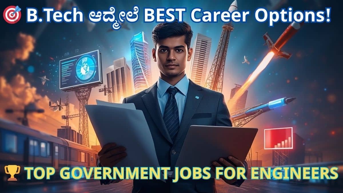 B.Tech graduate looking at futuristic government job opportunities in India with ISRO rocket launch, Indian Railways high speed train, digital banking technology, telecom towers, and modern engineering career background representing top government jobs for engineers in 2026