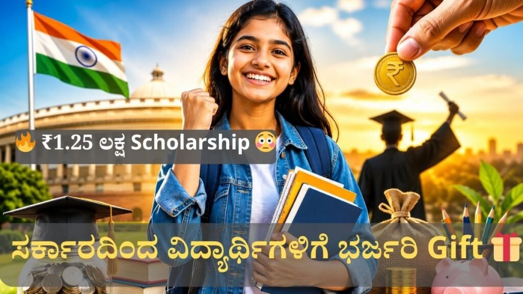 PM YASASVI Scholarship 2026 ಯೋಜನೆಯಡಿ ವಿದ್ಯಾರ್ಥಿನಿ ಪುಸ್ತಕ ಹಿಡಿದು ಸಂತೋಷದಿಂದ ನಿಂತಿರುವ ವೈರಲ್ scholarship concept image, ಭಾರತದ ಧ್ವಜ, ಹಣದ coins, graduation cap ಮತ್ತು education symbols ಜೊತೆಗೆ bright colorful background ಇರುವ high CTR thumbnail image.