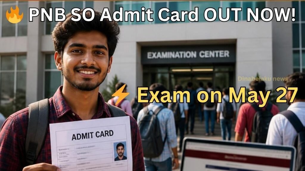 PNB SO Admit Card 2026 release update thumbnail showing Indian engineering student holding hall ticket outside exam center with competitive exam atmosphere and banking recruitment theme