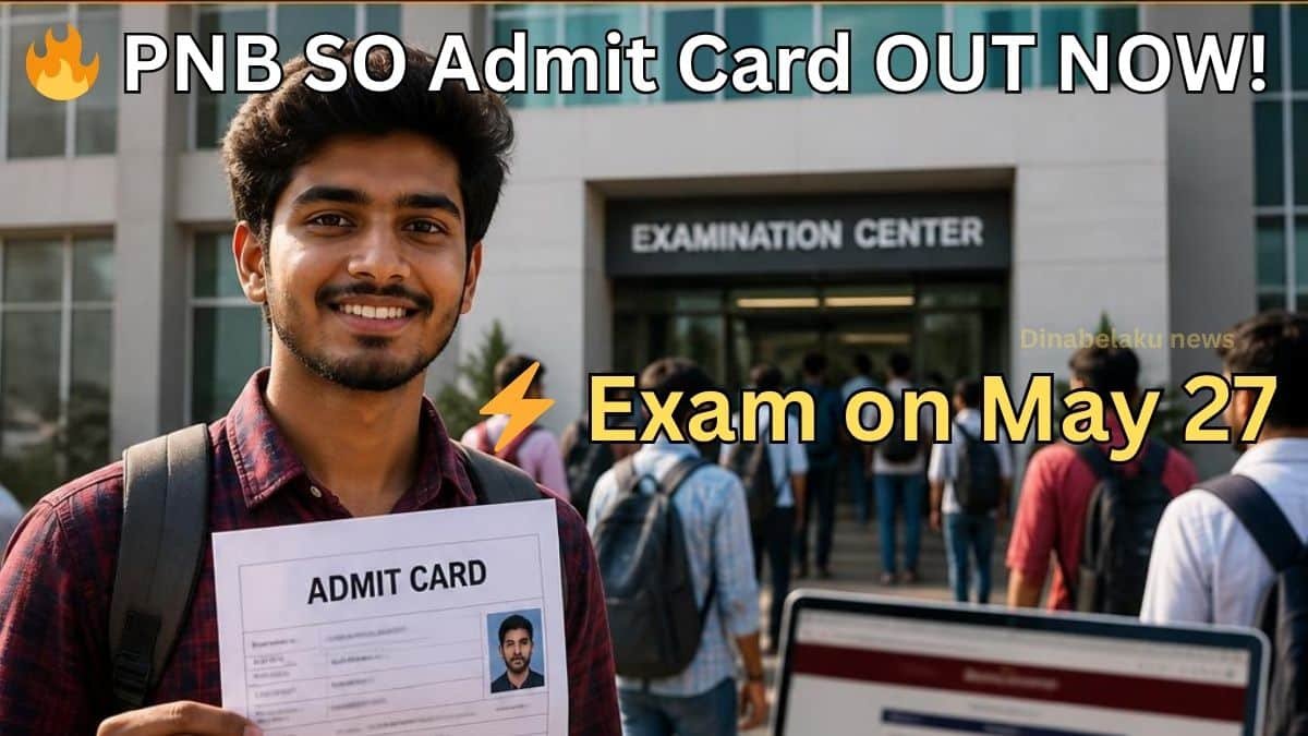 PNB SO Admit Card 2026 release update thumbnail showing Indian engineering student holding hall ticket outside exam center with competitive exam atmosphere and banking recruitment theme