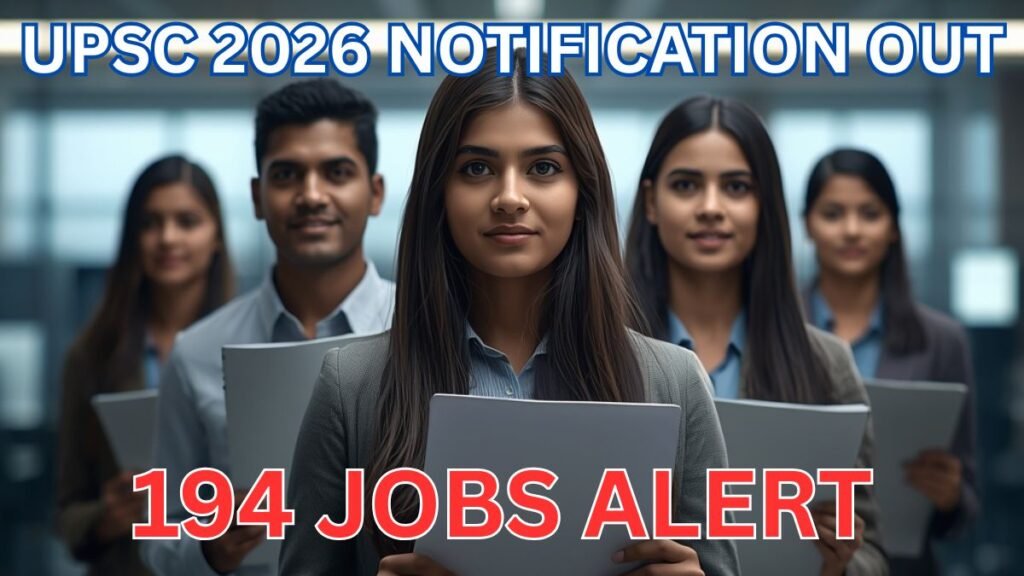 UPSC Recruitment 2026 notification thumbnail showing Indian students preparing for central government jobs with official documents, professional interview atmosphere, Group A and Group B vacancy update, high salary government career opportunity, aviation and technical department recruitment concept, cinematic newsroom style visual with energetic job aspirants and modern office background