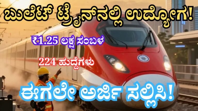 NHSRCL Recruitment 2026 thumbnail featuring India's Bullet Train, 224 government job vacancies, salary ranging from ₹40,000 to ₹1.25 lakh, and online application details for Diploma, BE, and B.Tech candidates.