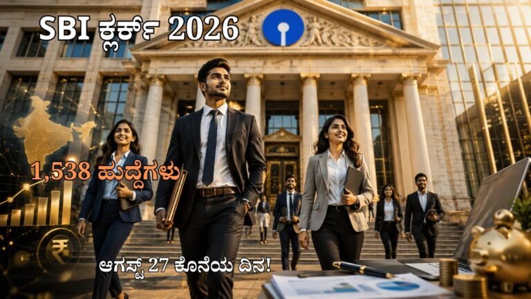 SBI Clerk Recruitment 2026 ಬ್ಯಾಂಕ್ ಉದ್ಯೋಗ ನೇಮಕಾತಿ, ಜೂನಿಯರ್ ಅಸೋಸಿಯೇಟ್ ಕ್ಲರ್ಕ್ ಹುದ್ದೆಗಳು, ಯುವ ಅಭ್ಯರ್ಥಿಗಳು ಮತ್ತು ಬ್ಯಾಂಕ್ ಕಟ್ಟಡದ ಹಿನ್ನೆಲೆ.